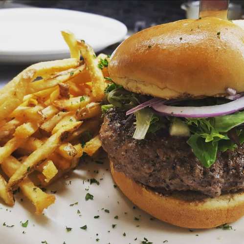 A juicy burger with lettuce, onion, and a side of crispy fries, garnished with herbs on a white plate.