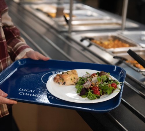A person holds a blue tray with a plate of chicken and a fresh salad in a cafeteria setting.