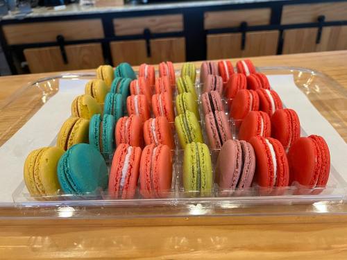 A colorful assortment of macarons arranged in a clear container, featuring various vibrant flavors.