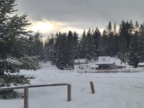 A snowy landscape with a small house and trees, under a cloudy sky with a hint of sunlight peeking through.