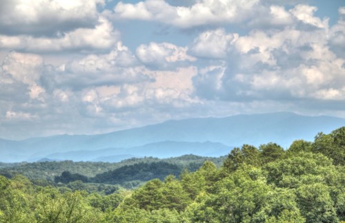 A scenic view of rolling green hills under a cloudy sky with distant blue mountains.