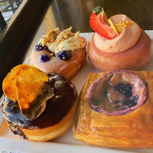 A plate of four colorful donuts: one with chocolate glaze and chips, one with strawberry, and two with fruity toppings.