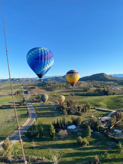Colorful hot air balloons float over a scenic landscape of fields and hills under a clear blue sky.