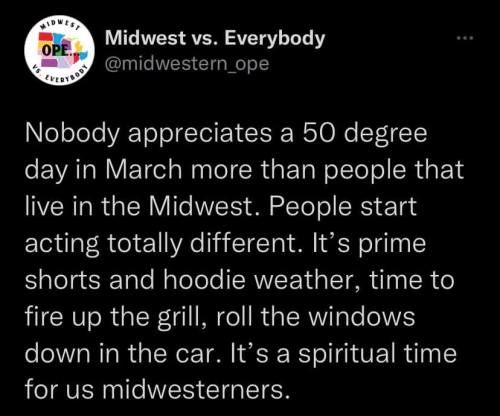 Tweet discussing how Midwesterners embrace 50-degree days in March, highlighting changes in behavior and activities.