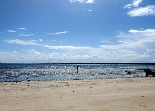 A person stands on a sandy beach, wading in shallow water under a bright blue sky with scattered clouds.