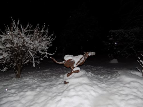 A snow-covered metal sculpture of a running dog in a snowy yard at night, surrounded by trees.