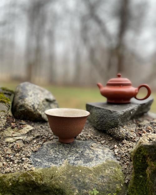 A clay teapot and bowl sit on textured stones, surrounded by a misty, natural landscape.