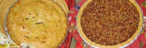 Two pies on a festive table: one is a golden-brown apple pie, the other a rich pecan pie with a glossy topping.