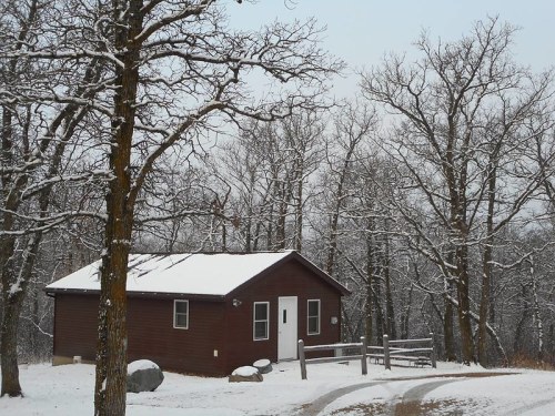 A small brown cabin surrounded by snow-covered trees on a winter day.