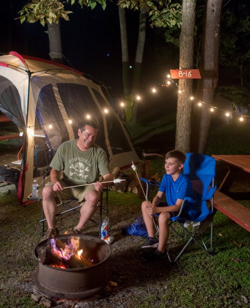 A man and a boy sit by a campfire, roasting marshmallows, with a tent and string lights in the background.