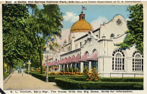 Postcard of Quaw Baths in Hot Springs National Park, featuring a large dome and tree-lined walkway.