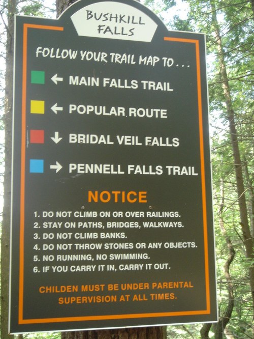 Sign at Bushkill Falls with trail map and safety rules, including no climbing, swimming, or throwing objects.