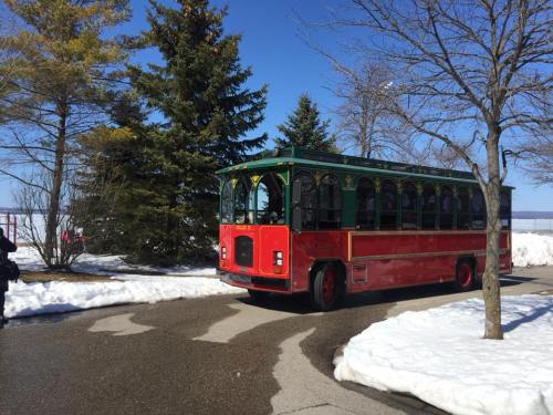 A red and green trolley bus parked on a snowy road, surrounded by trees under a clear blue sky.