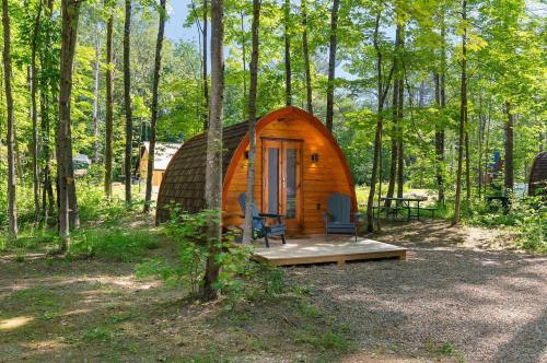 A cozy wooden cabin with a curved roof, surrounded by trees, featuring a small porch and two chairs.