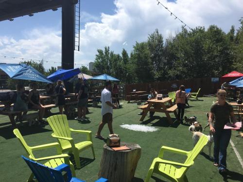 A lively outdoor space with people, picnic tables, and dogs, surrounded by trees and colorful umbrellas on a sunny day.