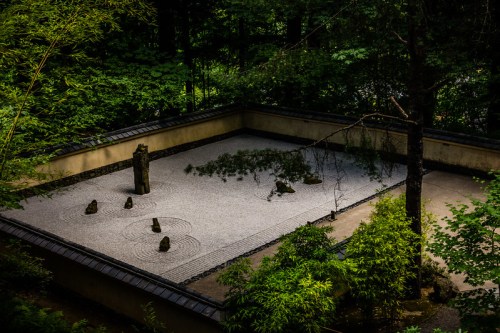 A serene Japanese rock garden with gravel patterns, stones, and lush greenery surrounding it.