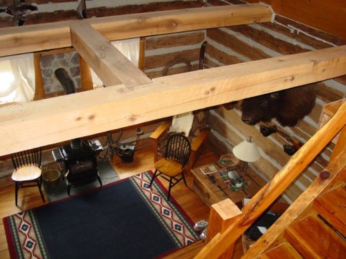 Cozy log cabin interior with wooden beams, a rug, chairs, and a mounted bison head on the wall.