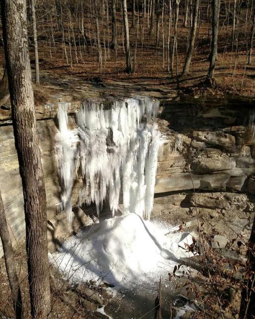 A frozen waterfall with icicles hanging down, surrounded by bare trees and rocky terrain in a winter landscape.
