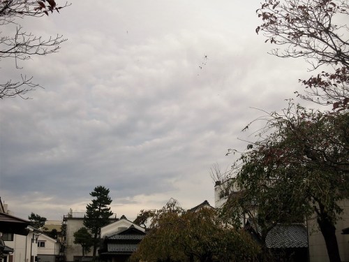 A cloudy sky over a quiet neighborhood with trees and traditional buildings.