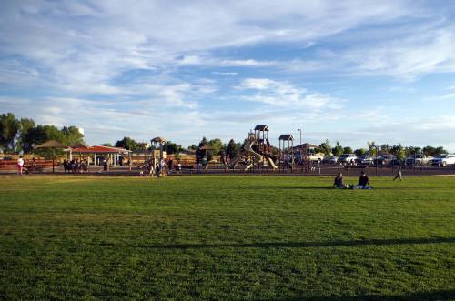 A playground with slides and climbing structures, surrounded by green grass and trees, under a blue sky.