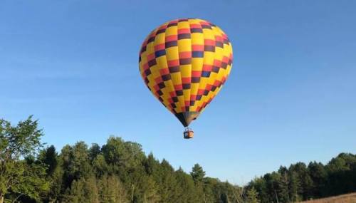A colorful hot air balloon with a checkered pattern floats above a green forest under a clear blue sky.