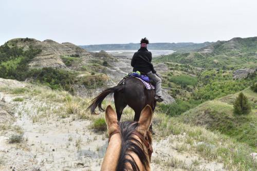 A person on horseback rides through a hilly landscape, overlooking a valley with greenery and distant hills.