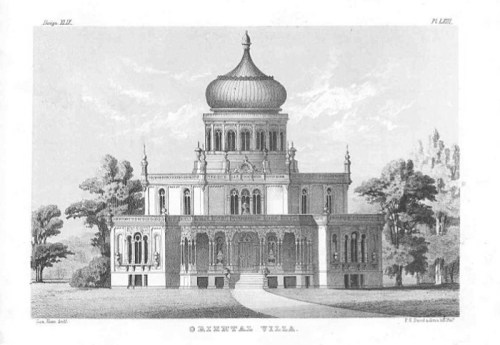 Illustration of an ornate villa with a large dome, surrounded by trees and a pathway leading to the entrance.