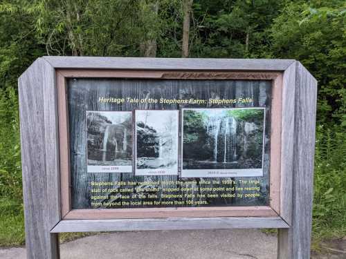 Signboard displaying the history of Stephens Falls with three images showing its changes over time.