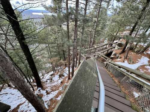 A winding wooden staircase descends through a snowy forest, surrounded by tall pine trees.