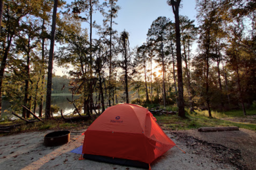 A bright orange tent set up by a serene lake, surrounded by tall trees and bathed in morning light.