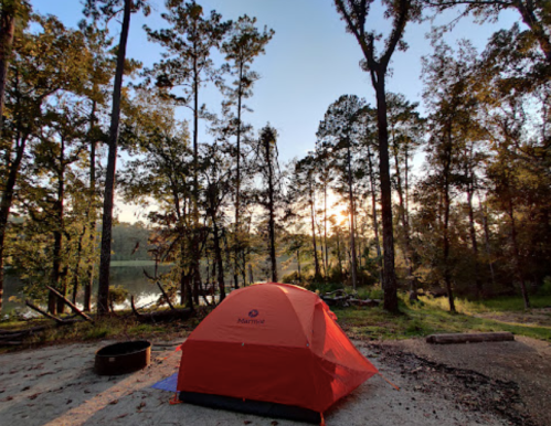 A bright orange tent set up by a serene lake, surrounded by tall trees and a peaceful morning light.