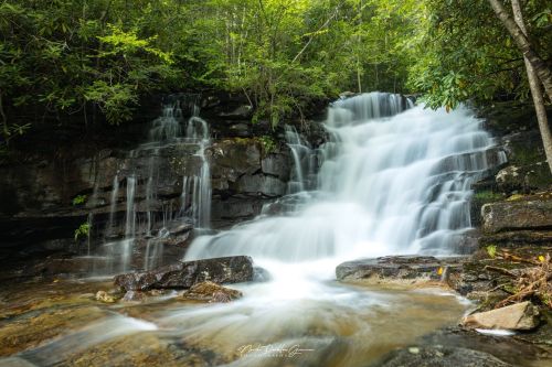 A serene waterfall cascades over rocks, surrounded by lush green foliage in a tranquil forest setting.