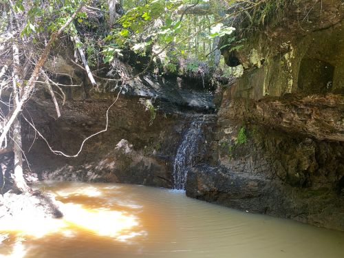 A small waterfall cascades into a muddy pool surrounded by rocky cliffs and lush greenery.