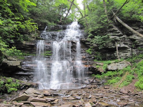 A serene waterfall cascading down rocky cliffs, surrounded by lush green trees and foliage.