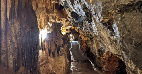 A dimly lit cave with rocky walls and a winding path leading deeper into the cavern.