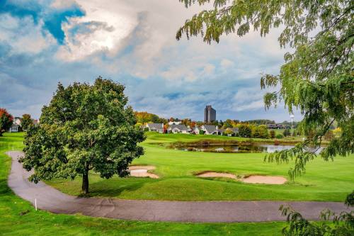 A scenic view of a golf course with a tree, ponds, and a distant building under a cloudy sky.