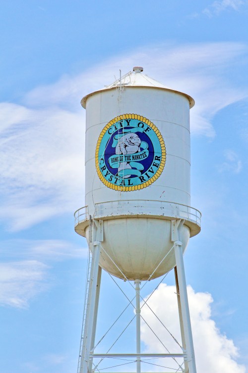 A white water tower with a blue and yellow logo reading "Home of the Manatee" against a blue sky.