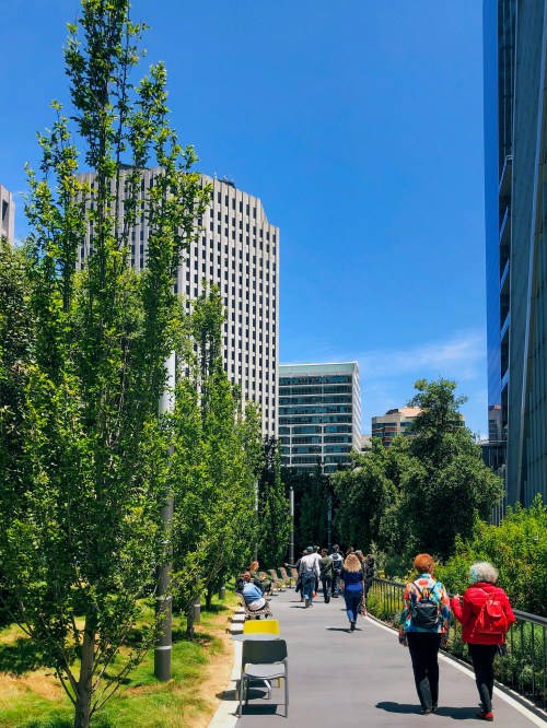 A sunny urban pathway lined with trees, people walking, and tall buildings in the background.