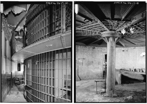Black and white images of an old prison interior, featuring barred cells and a deteriorating ceiling.