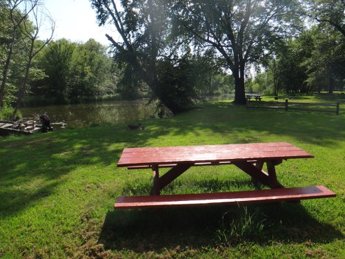 A red picnic table on green grass near a calm river, surrounded by trees and a peaceful park setting.
