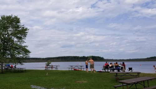 A serene lakeside scene with people gathered at picnic tables, surrounded by trees and a cloudy sky.