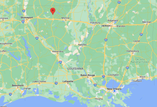 Map of Louisiana highlighting a location near Monroe with surrounding cities and highways.