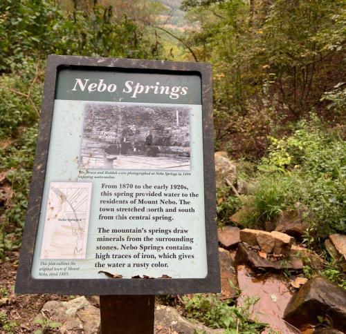 Sign about Nebo Springs, detailing its history and mineral-rich water, surrounded by lush greenery and rocky terrain.