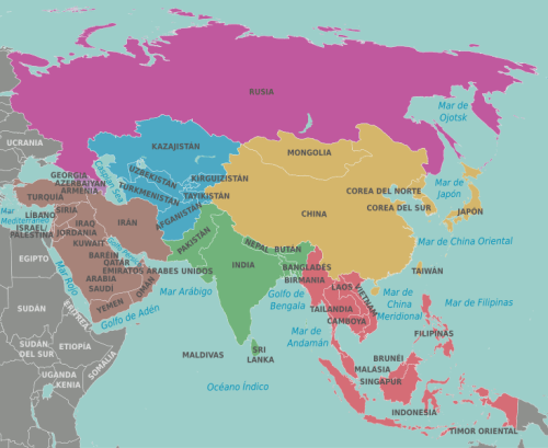 Map of Asia highlighting countries in different colors, with labels for each country and surrounding bodies of water.