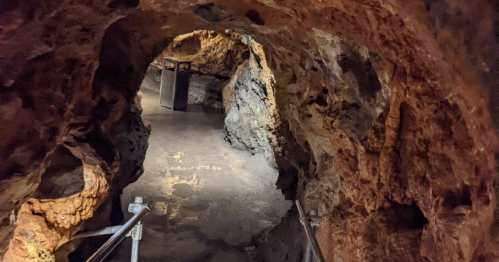 A dimly lit cave interior with rocky walls and a metal railing leading into the tunnel.