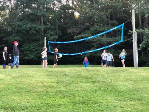 A group of people playing volleyball outdoors near a net, surrounded by trees and grass.