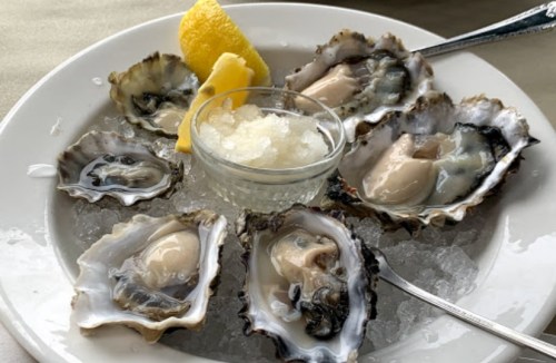 A plate of fresh oysters on ice, garnished with lemon wedges and a small dish of cocktail sauce.