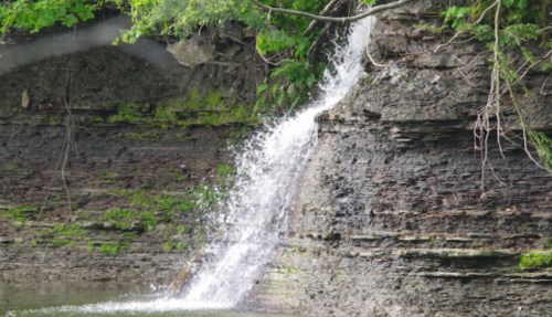 A small waterfall cascading down a rocky cliff, surrounded by lush green foliage.