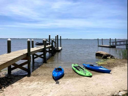 A serene lakeside scene with a wooden dock, two kayaks on the shore, and calm water under a clear blue sky.
