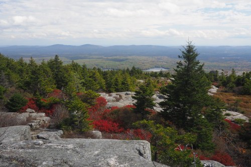A scenic view of mountains and valleys, featuring green trees and vibrant red foliage under a cloudy sky.
